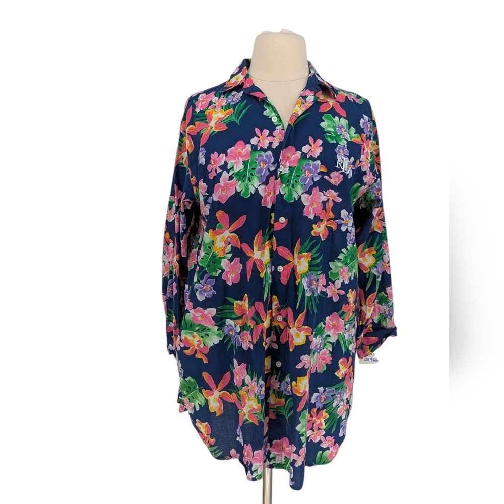 00966 Lauren Ralph Lauren Black Label Floral Shirt Navy Blue Pink size XL boho
